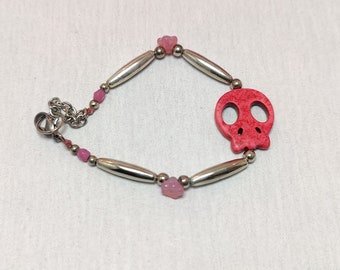 Pink Skull and Flowers Bracelet, Vintage Beads Reclaimed Nature Themed Jewelry