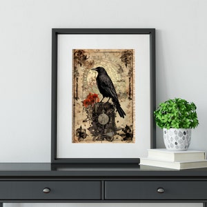 Steam Punk Crow Dictionary Print, Victorian Collage Art, Vintage Decor, Gothic Floral, Earthy Home image 2