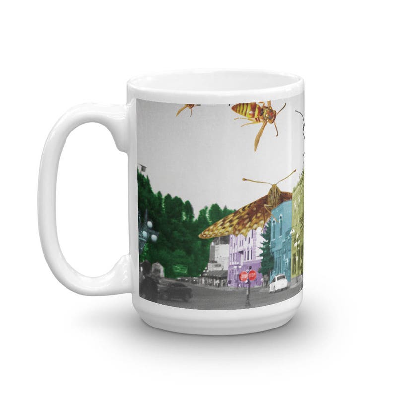 Surreal Coffee Cup, Pop Surrealism Collage, Insect Attack Monster Movie Bugs Coffee Mug, Gift for Entomologist, Naturalist, Movie Buff image 2