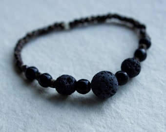 Black Lava Stone Bracelet, Vintage Metal Beads, Industrial Jewelry