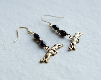 Gold Cheetah Earrings, Black Glass Bead, Modern Cat Jewelry