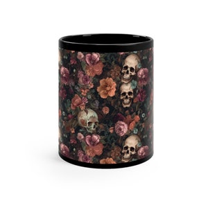 Rococo Skulls Black Coffee Mug, Halloween Cup, Gift for Goth, Floral Skeletons image 1