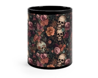 Rococo Skulls Black Coffee Mug, Halloween Cup, Gift for Goth, Floral Skeletons