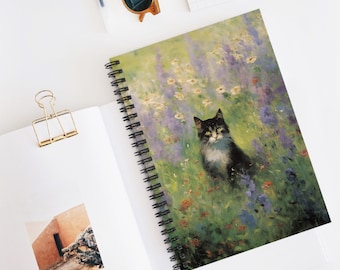 Tuxedo Cat in Wildflowers Spiral Notebook, Matisse Style Painting, Gardening Notes, Poetry, Prose, Cat Lover Gift