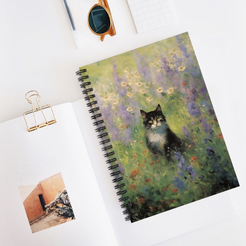 Tuxedo Cat in Wildflowers Spiral Notebook, Matisse Style Painting, Gardening Notes, Poetry, Prose, Cat Lover Gift image 1