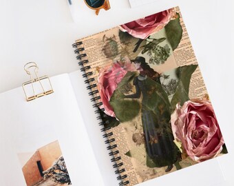 Dictionary Collage Spiral Notebook, Victorian Woman of the Garden, Poetry, Prose, Gothic Gift, Pet Present