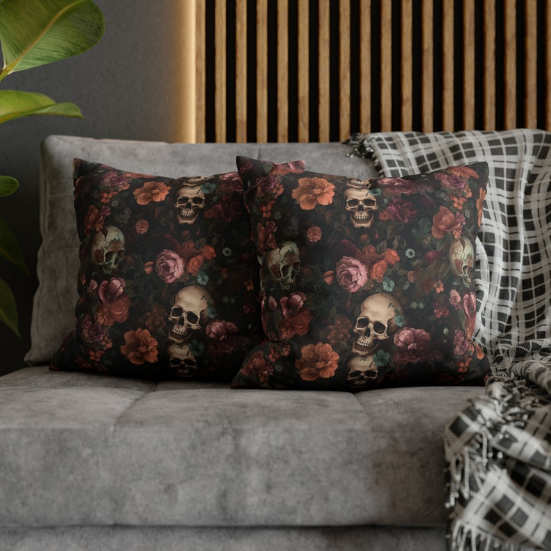 Rococo Skulls Throw Pillow Case, Halloween Home Decor, Couch Cushion, Floral Gothic image 5