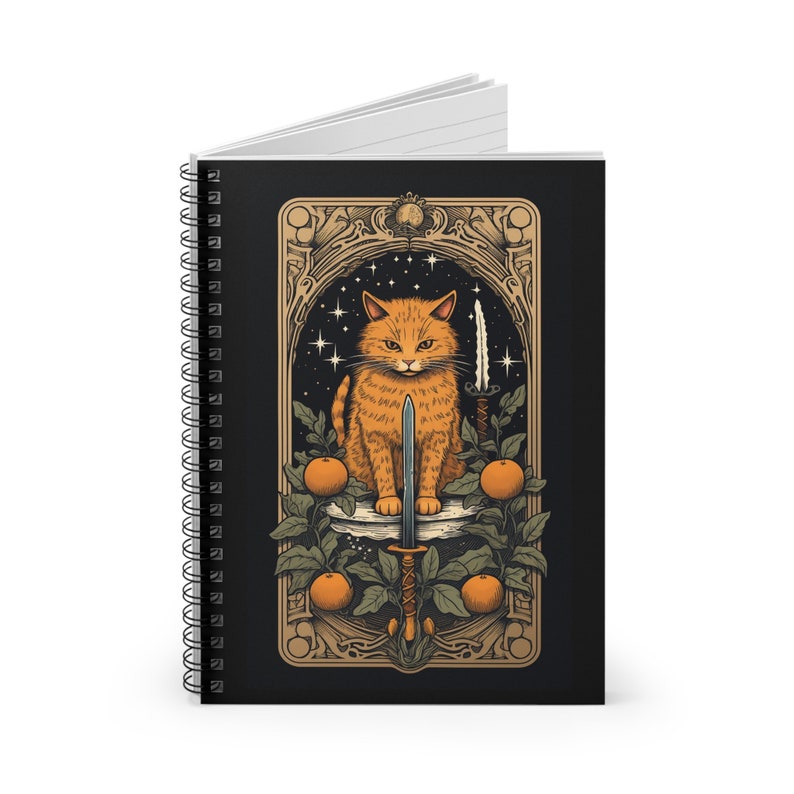 Cat Tarot Spiral Notebook, Halloween Themed Gothic Journal, Swords, Cat Lover Gift image 3