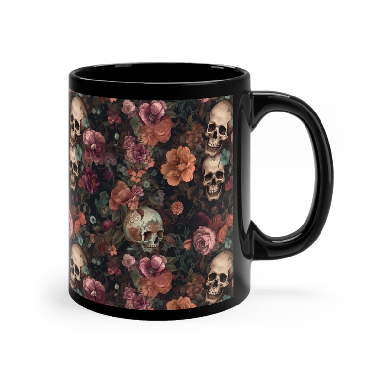 Rococo Skulls Black Coffee Mug, Halloween Cup, Gift for Goth, Floral Skeletons image 3