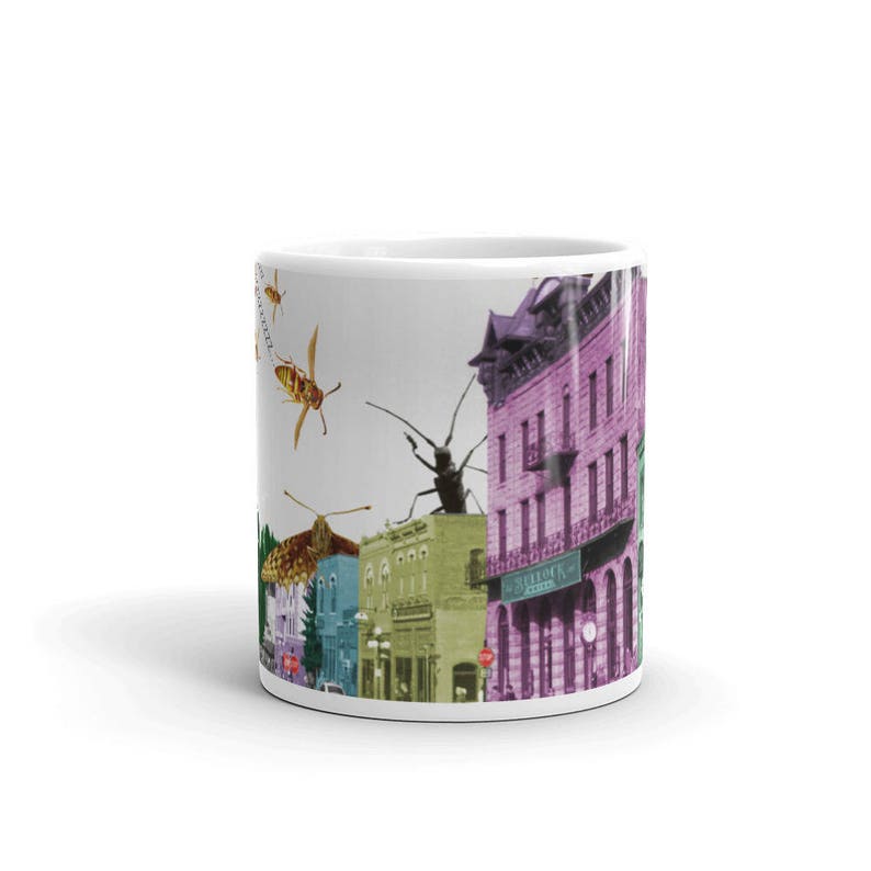 Surreal Coffee Cup, Pop Surrealism Collage, Insect Attack Monster Movie Bugs Coffee Mug, Gift for Entomologist, Naturalist, Movie Buff image 3