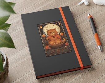 Cat Tarot Journal, Orange Kitty Gothic Lined Notebook, Halloween Gift - Ruled Line Banded