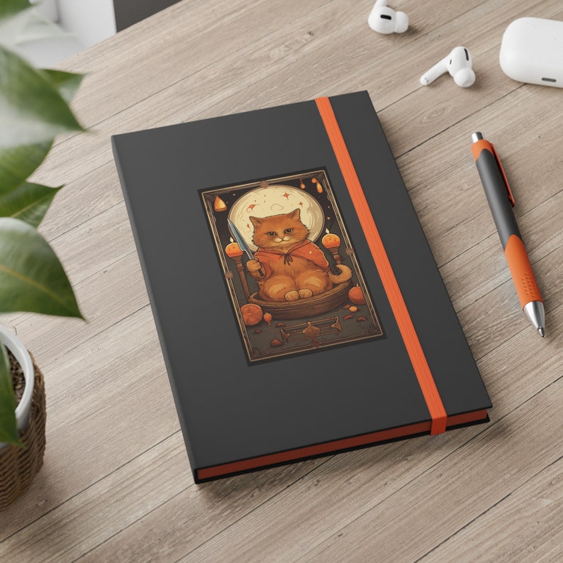 Cat Tarot Journal, Orange Kitty Gothic Lined Notebook, Halloween Gift Ruled Line Banded image 1