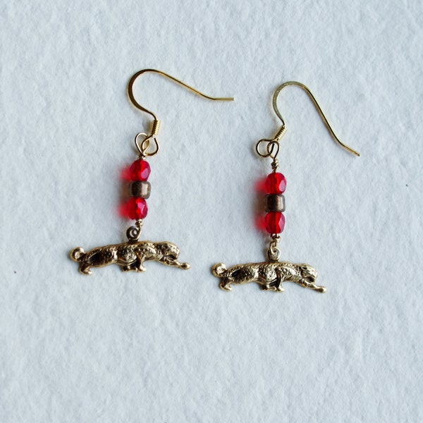 Ruby Red and Gold Cheetah Earrings, Golden Cat Jewelry, Halloween Costume Earrings, Mod, Hipster, Cat-lady Gift, Wildcat, Leopard, Panther