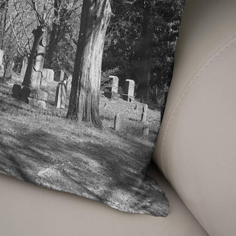 Peut inclure: Une photographie en noir et blanc d'un cimeti&egrave;re avec un grand arbre au centre. La photo est prise d'un angle bas, regardant l'arbre. L'arbre est entour&eacute; de pierres tombales et d'autres arbres. La photo est l&eacute;g&egrave;rement floue, ce qui lui donne un aspect vintage.