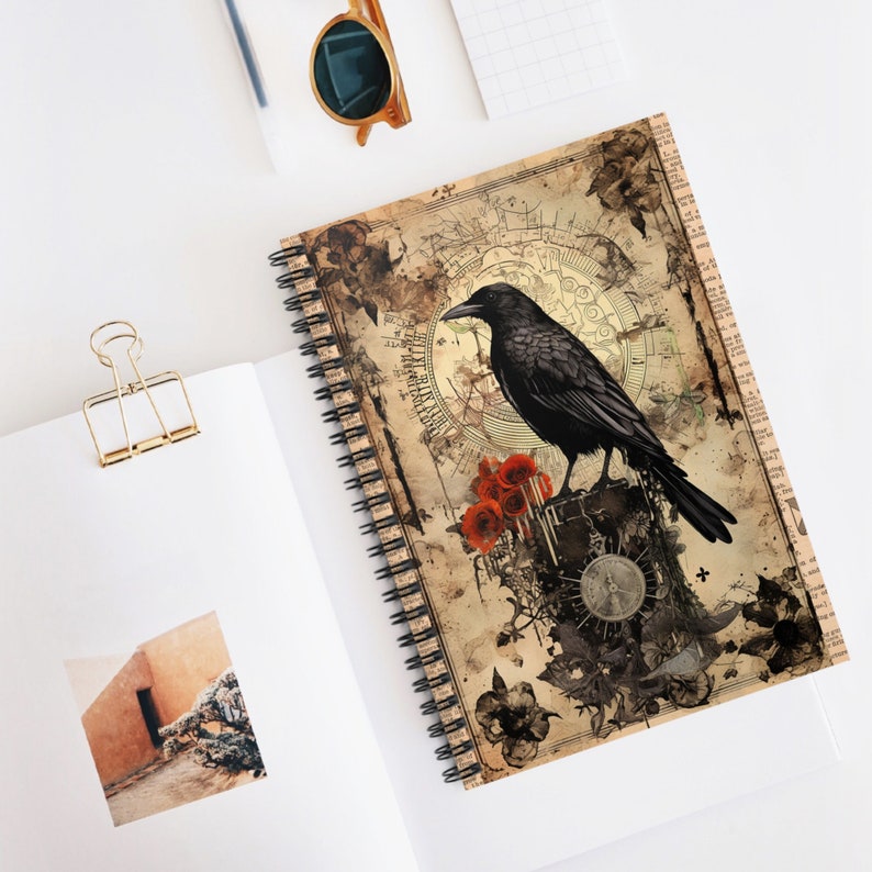 Crow Collage Spiral Notebook, Victorian Dictionary Vintage Paper Scrapbook Style, Poetry, Prose, Gothic Gift, Pet Present image 2
