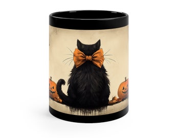 Halloween Black Cat Coffee Mug, Pumpkins, 11oz Ceramic Cup