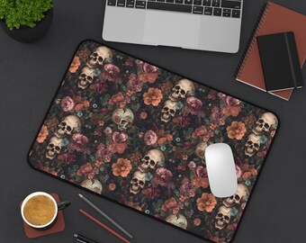 Gothic Skulls and Flowers Office Desk Mat, Rococo Style