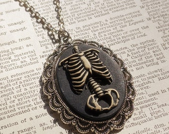 Victorian Style Skeleton Necklace, Halloween Theme, Rockabilly Style, Gothic Lolita, Rib Cage Pendant, Goth Cabochon, Ribcage