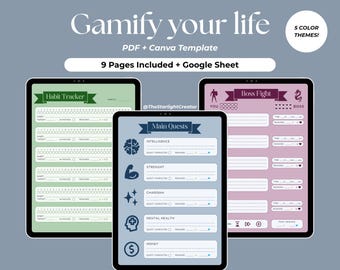 Plantilla "Gamifica tu vida": Objetivos, seguimiento de hábitos, planificador diario, misiones, compatible con TDAH