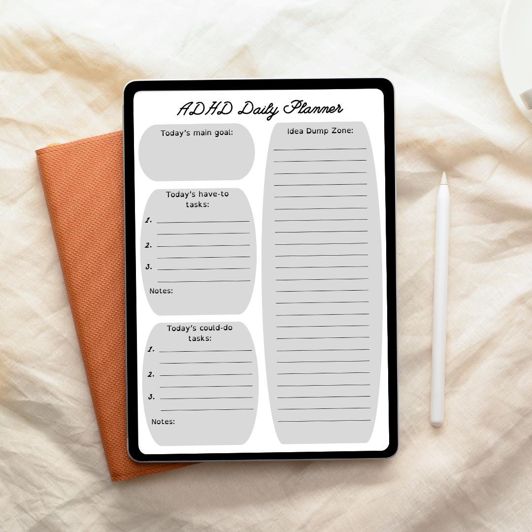 Editable ADHD Daily Planner Black and White Canva Template Printable ...