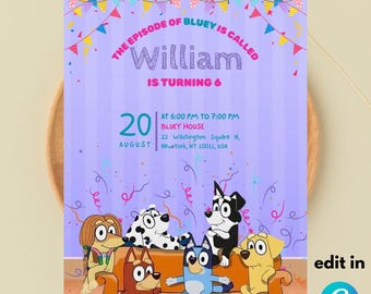 Plantilla de invitación de cumpleaños de Bluey: archivo Canva editable (5x7, descarga digital)