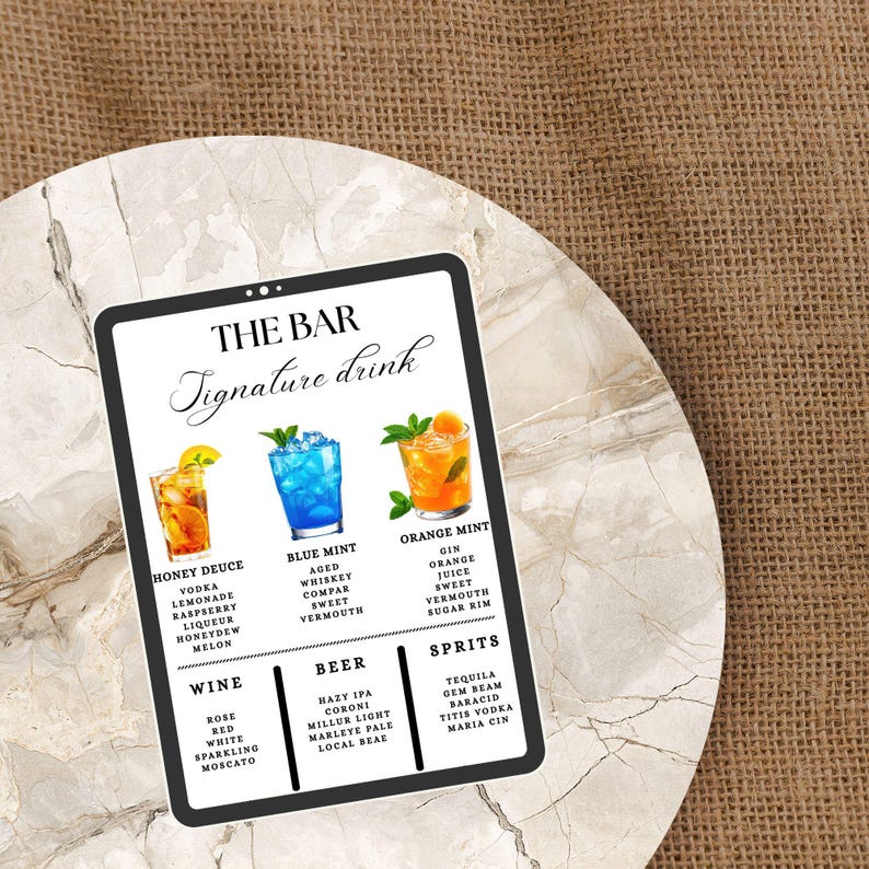 Editable the Bar Signature Drink Menu Template ( 5x7 ) Digital ...