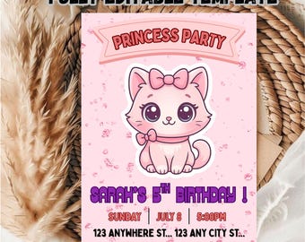 Editable Pink Kitten Birthday Party Invitation Template ( 5x7 ) Digital Downloadable Product