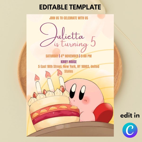 Plantilla editable de invitación para fiesta de cumpleaños de Kirby (5x7) Producto digital descargable