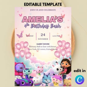 Gabby&#39;s Dollhouse Birthday Invitation Template: Editable Canva Design (Digital Download)