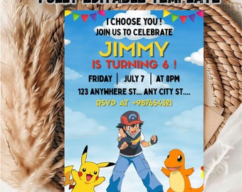 Plantilla de invitación editable para fiesta de cumpleaños de Pikachu (5x7) Producto descargable digitalmente