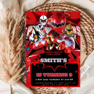 May include: Red and white birthday party invitation featuring Power Rangers characters. The invitation includes the text "SMITH'S IS TURNING 9" with event details. The background is red with star accents.