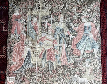 Vintage French Aubusson-Style Millefleurs Tapestry- Courtly Garden of Love Scene