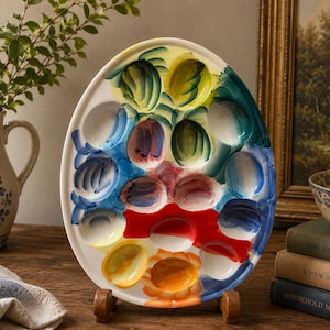 May include: An oval ceramic egg serving platter featuring twelve circular indentations. The white surface is hand-painted with vibrant, abstract brushstrokes in shades of yellow, green, blue, red, and orange, creating a colorful decorative pattern.