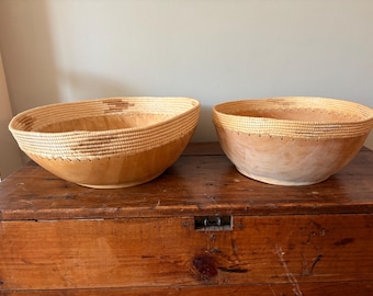 Anthropologie Sisal-Wrapped Wooden Decorative Bowls – Set of 2 (12.5” & 10.5”)