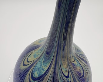 Stunning Artist Signed Hand-Blown Art Glass Vase - Iridescent Blue, Gold, and Teal Pulled Feather Galaxy Swirl