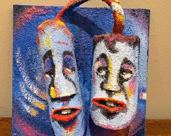 Chris Bunz Expressive Face Sculpture Mixed Media Wall Hanging 6x6” Original