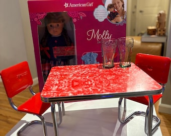 American Girl Molly Doll Costco Set NEW IN BOX + Vintage Red Diner Table Chairs & Mini Coca-Cola