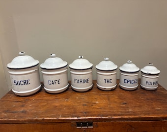 Authentic Vintage French Enamel Kitchen Canisters – Complete 6-pc Parisian Set