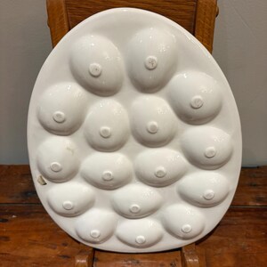 May include: White ceramic egg serving platter with 15 egg-shaped indentations. The platter is oval and has a glossy finish. The platter is sitting on a wooden surface.
