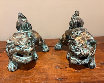 Vintage Chinese Cast Bronze Fierce Foo Dog Pair 8” Lion Guardians - Shishi