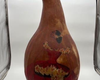 LRG Vintage Mid-Century Hawaiian Tiki-Style Painted Gourd - Hula Dancer Folk Art