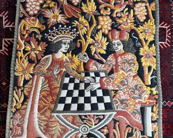 Vintage Fernandez Angulo Spanish Tapestry Wall Hanging - King & Queen Playing Chess