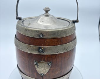 Antique Victorian Oak and Silver Biscuit Barrel W Hand-Painted Floral Motifs