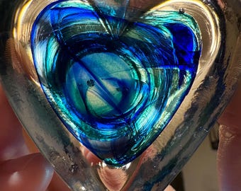 Signed Artist Art Glass Heart Paperweight Blue Iridescent Swirl 2.5” Hand Blown