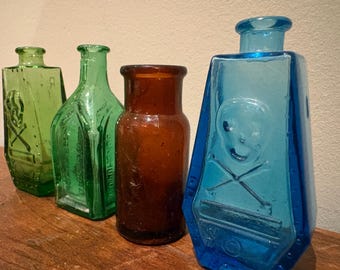 4 Vintage Miniature Poison Bottles 3” Skull & Crossbones Coffin Apothecary Decor