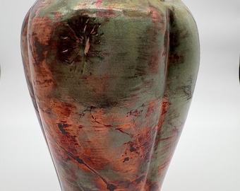 Stunning Copper & Green Metallic Iridescent Raku-Style Ceramic Vase – Artist Signed Studio Art Pottery