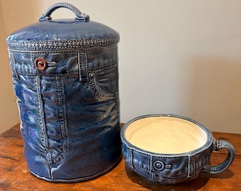 Vintage Livingston Denim Jeans Ceramic Cookie Jar & Matching Cappuccino Mug Set