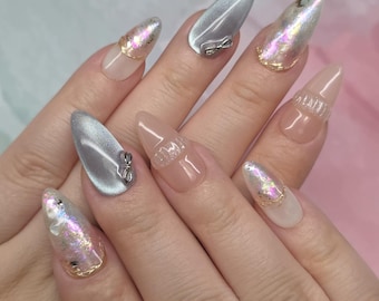 Light Blue Cat Eye Press On Nails: Handmade Almond Shape