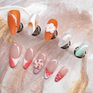 3D Acrylic Orange Floral Press On Nails: Hand-Painted Almond Style