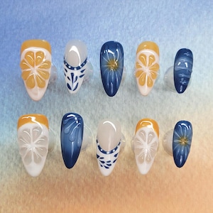 Summer Flower Press On Nails: Hand-Painted Almond Acrylic, Summer Holiday